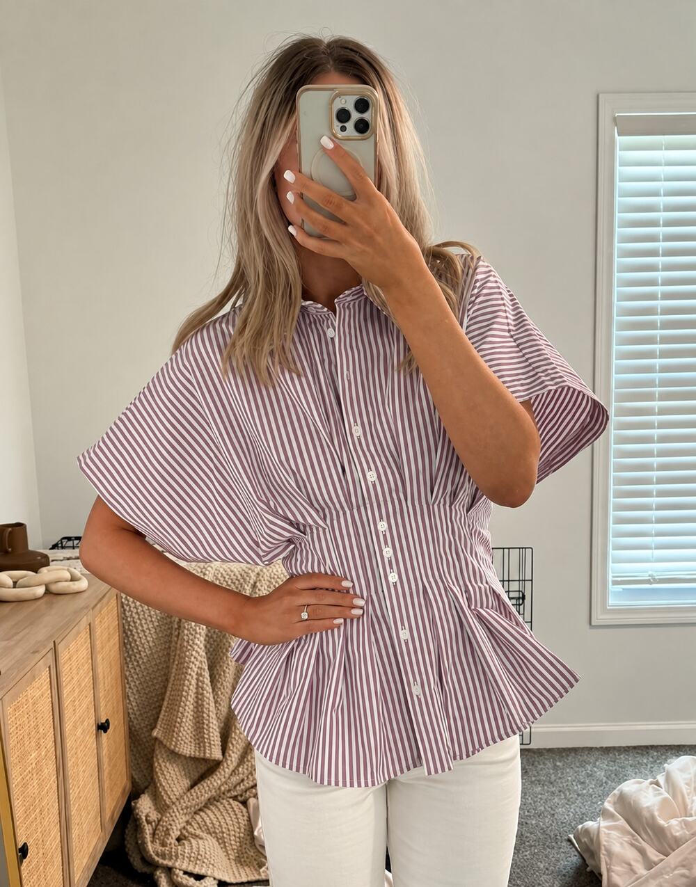 EXQUISE The Tobie Pleated Blouse in Purple Stripe Size Medium Petite